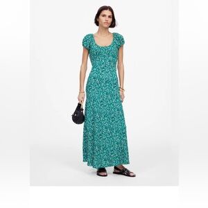 Green Floral Ruched Scoopneck Midi Dress